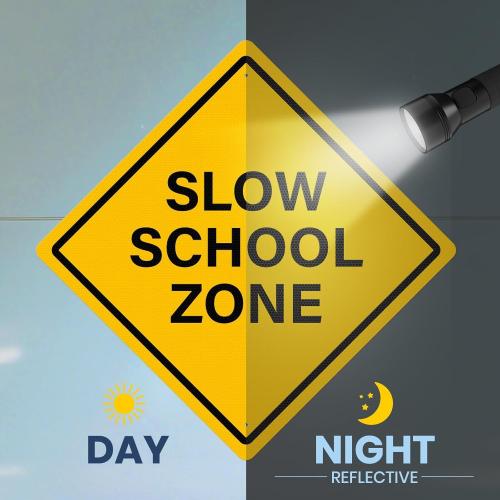 Slow School Zone Sign 24 × 24 Inches Reflective Waterproof Fade Resistant Rust Free Aluminum Metal Safety Warning Signage with Pre-Drilled Holes for Driveways Roads Streets