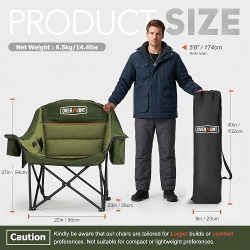 Overmont Gentle Heated Oversized Camping Chair for Adults - 3 Levels Seat & Back Separately Control - 500lbs Support Heavy Duty Padded Folding Chair Outdoor Garden Portable - Battery NOT Included