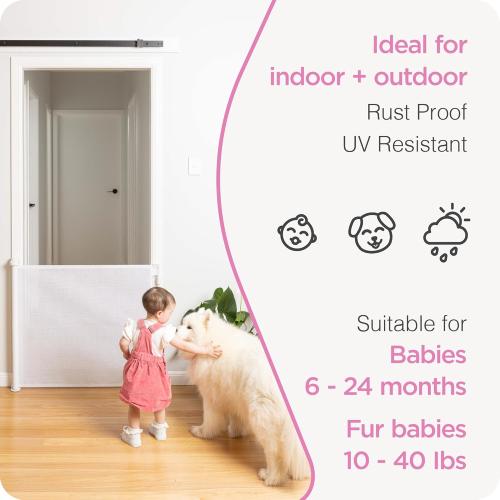Retractable Baby Gate Perma Child Safety 33 Tall x 55” Wide, Mesh, for Stairs, Doorways, Dogs, Pets, Indoor, Outdoor, One-Handed Operation, Locking, Easy Install, Hardware Mount, White