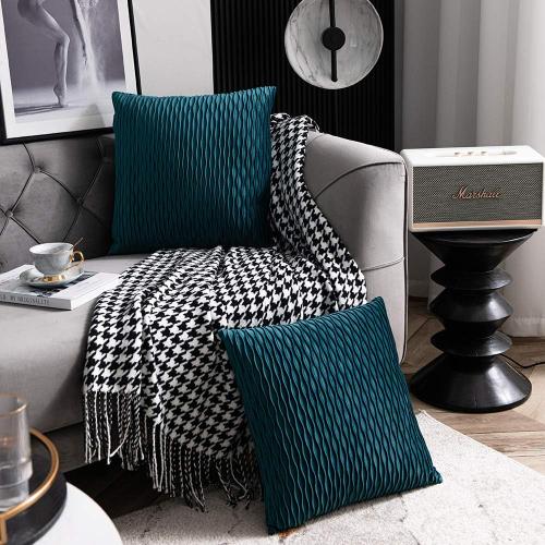 18x18 Teal Throw Pillow Cases: 2 Pack Original Striped Velvet Square Decorative Pillow Covers for Farmhouse Couch