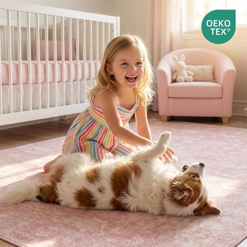 FROZZUR Boho Pink Area Rug 5x7 – Soft Washable Vintage Rug with Non-Slip Backing for Living Room, Bedroom & Nursery, Cozy Home Decor