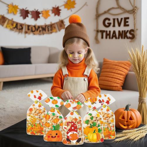 50Pcs Fall Thanksgiving Treat Bags, Happy Thanksgiving Candy Bags, Plastic Thanksgiving Goodie Bag, Fall Treat Goodie Cellophane Gift Bags with Twist Ties for Fall Party Decorations Supplies Favors