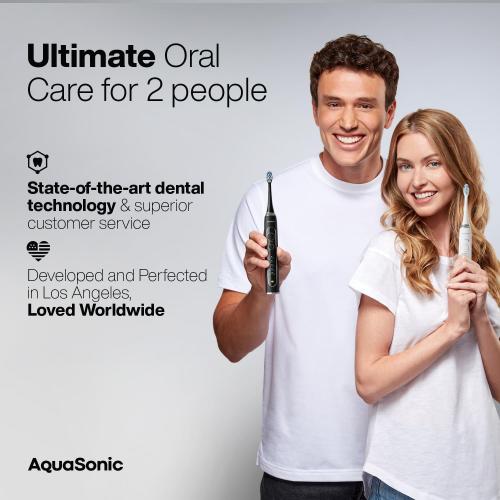 Aquasonic Duo Series PRO UV - ADA Accepted Electric Toothbrushes with UV Sanitizer - Inductive Charging Base - 5 Modes with Smart Timers - 10 Proflex Brush Heads & 2 Travel Cases