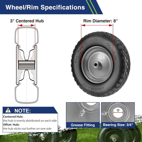 MaxAuto Wheelbarrow Tires 4.80 4.00-8 Flat-Free 4.80/4.00-8 Tire and Wheel w/Grease Fitting, 3 Centered Hub, 3/4 Bearings, 4.80 4.00-8 Tire for Hand Truck, Trolley, Garden Cart, Wagons, Gray