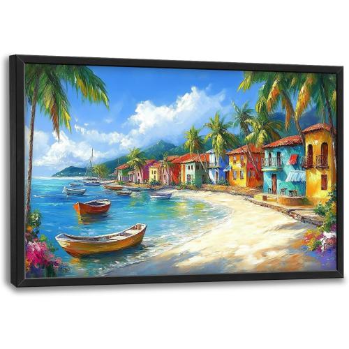 Large Beach Wall Art for Living Room, Boat Plam Canvas Oversized Wall Decor, Colorful Aesthetics Framed Pictures Painting Print Artwork for Bedroom Office 36L x 24W