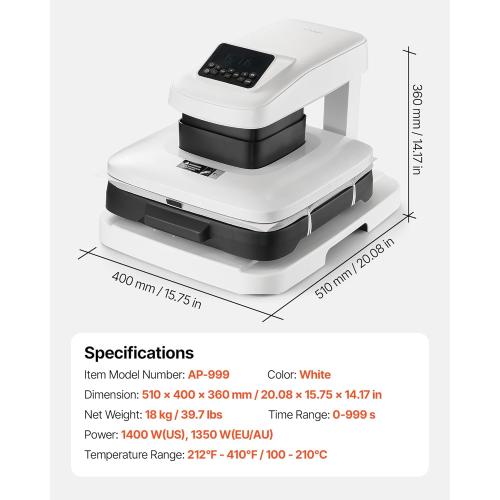 VEVOR Auto Heat Press Machine, 15 x 15 inch, T-Shirt Press Machine with Auto Release and Adjustable Pressure, Digital Display, Rapid Heating, for Sublimation, Vinyl, Heat Transfer Projects, White