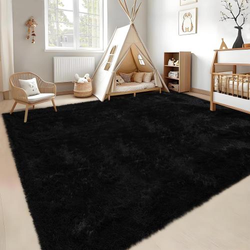 GarveeHome 9x12 Fluffy Area Rug- Shag Area Rug for Living Room, Shaggy Large Indoor Thick Living Room Carpet with Non-Slip Backing, Soft Plush Fuzzy Carpet for Bedroom, 9x12, Black