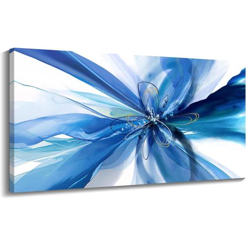 HKDGOKA Large Canvas Wall Art for Living Room,Dream Blue Flower Dance Paintings 20x40 In Modern Abstract Bule White Artwork as Home Bedroom Above Bed Office Dining Room Hallway Decor