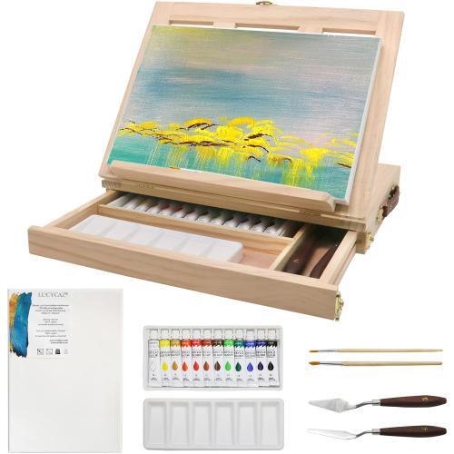 LUCYCAZ Art Easel for Painting, Tabletop Painting Easel Set for Kids, Pine-Wood Portable Easel Stand for Artists with Canvas, Acrylic Paints, Brushes, Palette and Palette Knives