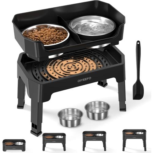 3 in 1 Elevated Dog Bowls Mess Proof: Raised Dogs Bowls - 4 Height Adjustable Dogs Bowl Stand with 2 * 53oz Stainless Steel Dog Food Bowl and Licking Plate for Small Medium Large & Pets,Black