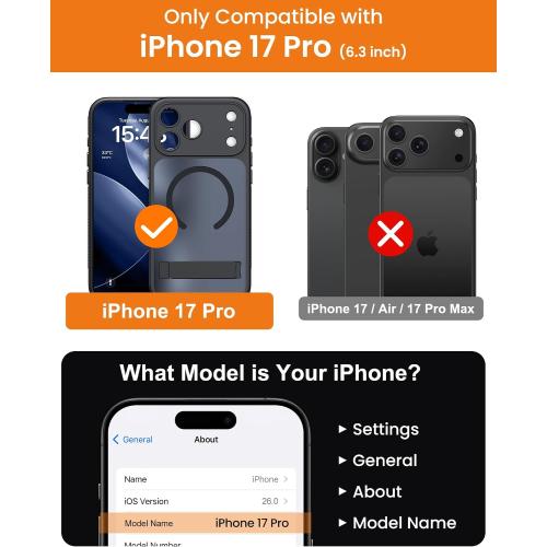 for iPhone 17 Pro Case with Stand, Magnetic Compatible with MagSafe, Camera Control Button, Full Lens Protection, Rugged Military Grade Drop, Translucent Matte Slim Case for iPhone 17 Pro, Black
