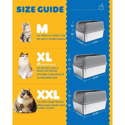 Powools Stainless Steel Cat Litter Box, High-Sided, Grey, XL (1 Pack) | Metal Litter Box with Scoop, Anti-Leakage Top Entry, Non-Sticky, Easy to Clean, 6-Inch Splash-Proof Deep Pan