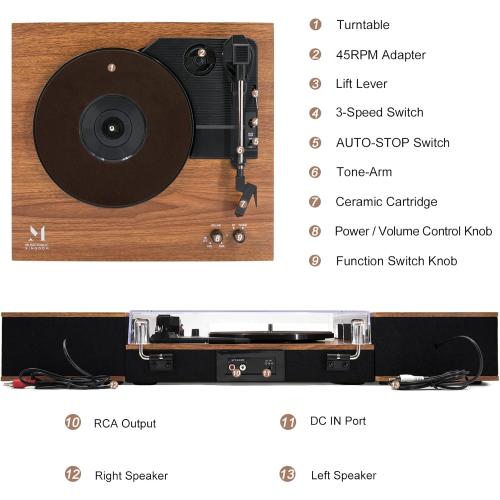 MPK Bluetooth Record Player,Turntable HiFi System with Bookshelf Speakers, 3-Speed Belt-Drive Vinyl Turntable for Vinyl Records with Wireless Playback and Auto-Stop,Yellow Wood