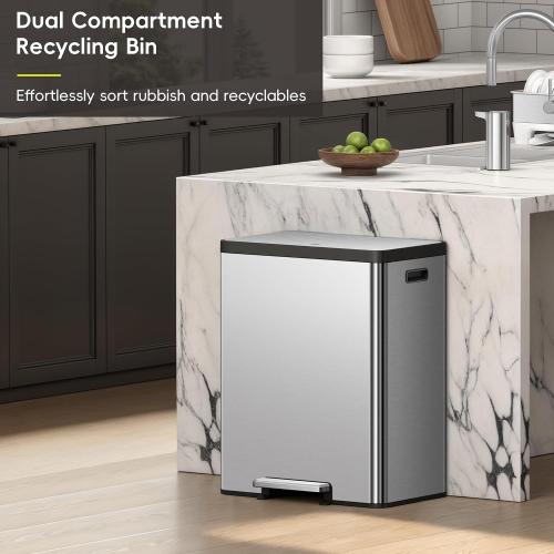 EKO EcoCasa II 36L 24L Dual Trash Can with Recycle Bin, Stainless Steel Garbage Can with Lid, Deodorizer Compartment, Odor-Proof and Fingerprint Resistant