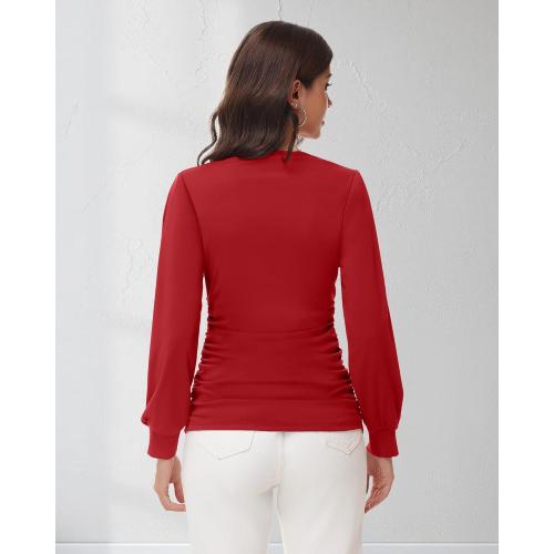 Size M Women V Neck Long Sleeve Blouse Dressy Ruched Shirts Bell Sleeve Wrap Top 2025 Trendy Casual Elegant Work Outfit