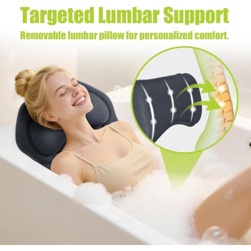 Full Body Bath Pillow for Tub - Extra Long & Thick Tub Pillow with Head, Back & Lumbar Support, 168 Non-Slip Suction Cups, Soft 5D Mesh Spa Cushion, Fits All Tubs-Gift for Soaking(Gray)