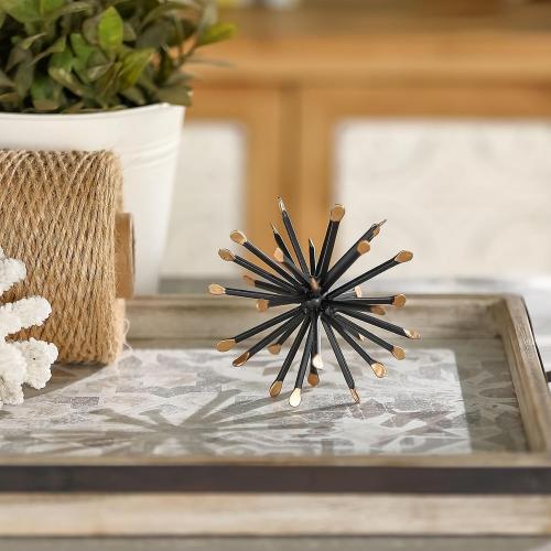 Black & Gold Sphere Decor, Metal Starburst Table Shelf Decor, Geometric Decorative Objects for Shelves, 3D Spike Decor Sculpture Home Decor Accents, 4.3”