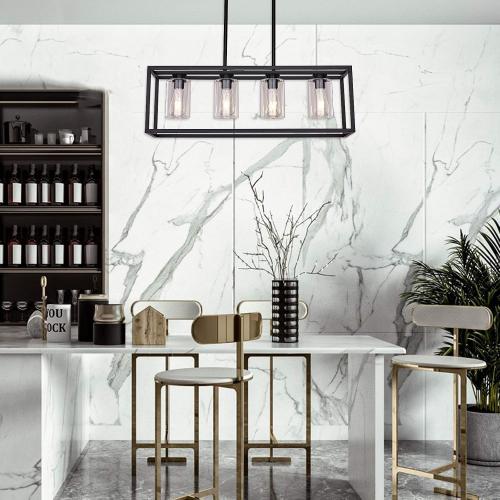 XILICON Black Dining Room Chandeliers Lighting Fixture Linear Pendant Modern 4-Light with Glass Shades Vintage Farmhouse Ceiling Light Hanging for Kitchen Island Cafe Bar