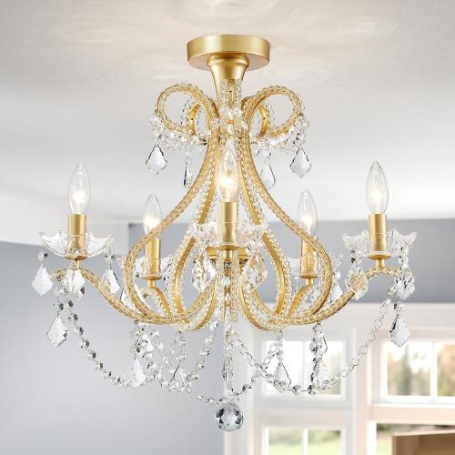 WUZUPS 5-Light Crystal Candle Chandelier Flushmount Ceiling Light Modern Lighting Fixture for Bedroom Hallway Bar Kitchen Bathroom, H 20.9 W 22, E12 Base, Gold