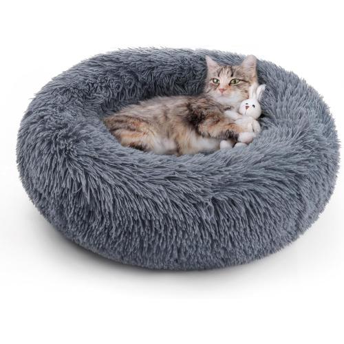 Beds for Indoor Cats, 20 inches Cat Bed Machine Washable, Fluffy Round Pet Bed Non-Slip, Calming Soft Plush Donut Cuddler Cushion Self Warming for Small Dogs Kittens, Dark Grey, Medium