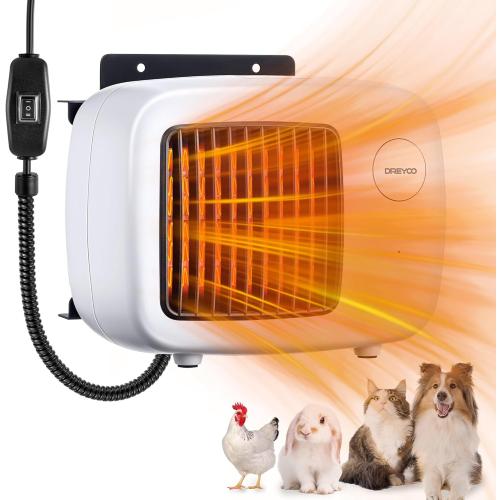 White Dreyoo Dog House Heater with Thermostat, Pet House Heater with 6FT Anti Chew Cord and Safe Overheat Protection, 2 Heating Mode (200/400W) Pet House Furnace for Dogs Chicken Coops Rabbits(White,1 Pcs)