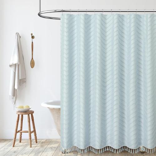 Dynamene Extra Long Shower Curtains, 96 Inch Long Boho Tufted Chevron Striped Fabric Shower Curtains for Bathroom, Tall Minimalist Waterproof Cloth Shower Curtain Set with Hook, Fog Blue, 72x96