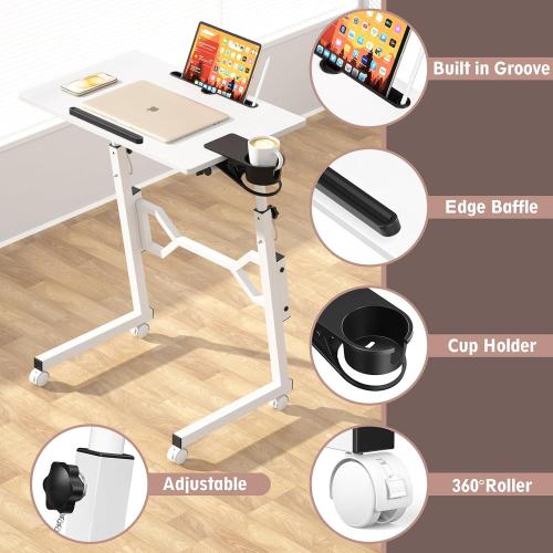 Color White Small Standing Desk with Wheels, Portable Treadmill Desk, Rolling Desk Adjustable Height for Laptop, Mobile Standing Table for Walking Pad, Bedside Table