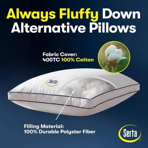 Serta Hotel Collection Bed Pillows Queen/Standard Size Set of 2, 400 Thread Count 100% Cotton Cover, Medium Soft, Support Gusseted Down Alternative Pillow for Back, Stomach or Side Sleepers, 18 x 26
