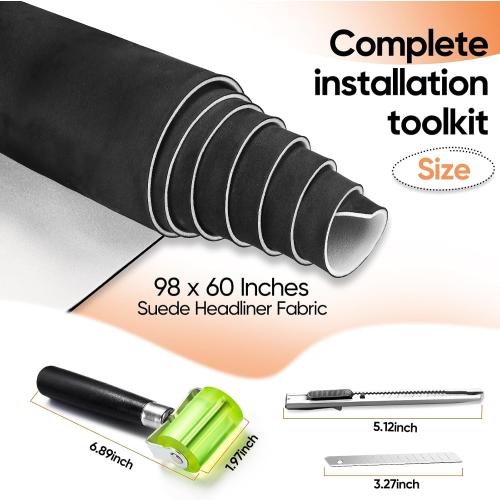 Suede Headliner Fabric Black 98 x 60 Inches with 4mm Thick Foam Backed Headliner Fabric for Car Suede Material Rubber Seam for Automotive auto Trucks Interior Repair