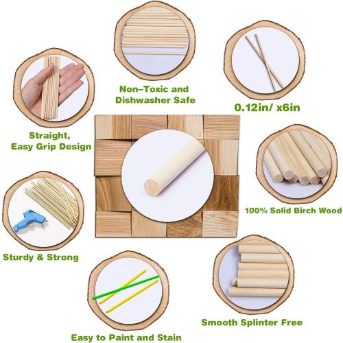 Wooden Dowel Rods, 200PCS 1/8 x 6 Inch Round Wooden Sticks for Arts Crafts, Home Decor, Cake Support, Photo Booth Props, Unfinished Natural Hardwood Sticks