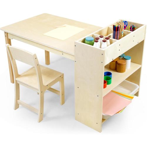 Kids Art Table and Chair Set, Birch Wooden Activity Craft Table, Kids Drawing Table, Toddler Desk with Storage and 1 Chair