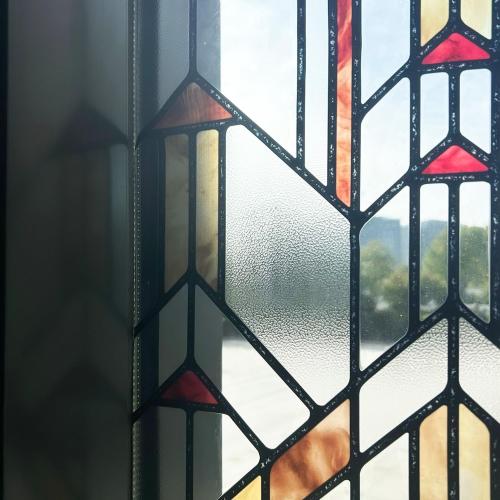Original Hand Drawn Faux Stained Glass Window Film, Double-Sided Privacy Static Film, Amber Geometry Patterns Inspired by Hollyhock House, See Through 11.02X55.12
