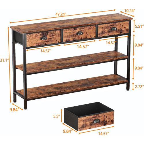 Furologee Long 47 Console Sofa Table with 3 Drawers, Entryway Table with 3-Tier Storage Shelves, Industrial Display Shelf for Entry Way, Hallway, Couch, Living Room, Kitchen, Foyer, Rustic Brown