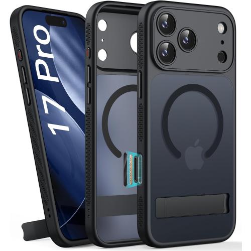 for iPhone 17 Pro Case with Stand, Magnetic Compatible with MagSafe, Camera Control Button, Full Lens Protection, Rugged Military Grade Drop, Translucent Matte Slim Case for iPhone 17 Pro, Black