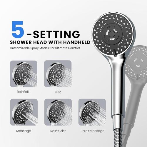 Chrome Rain Shower Head with Handheld Shower Head, 5 Spray Modes