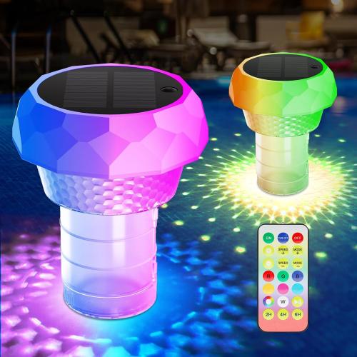 2025 Upgrade 2 Pack Solar Pool Chlorine Floater, Pool Lights That Float with Remote Control, 8 Lighting, Timing Mode, IPX68 Waterproof for Inground Pool, Pool Party