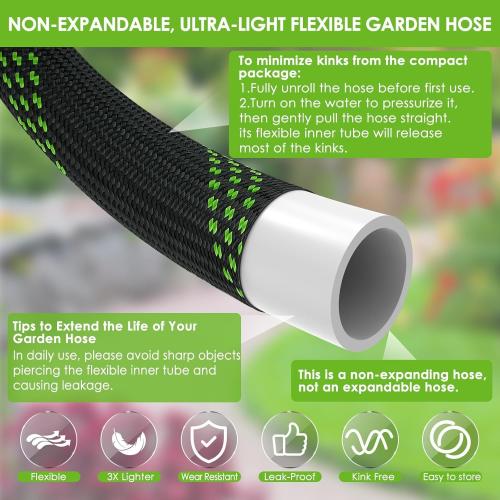 Non-Expandable Garden Hose 100 ft, Ultra Lightweight & Flexible Water Hose With 10-Pattern Spray Nozzle, Full Length Leak-Proof Design, High-Density Fabric & Shut-Off Valve, Hose Straps