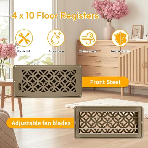 2 Pack Floor Vent Covers, Floor Register 4x10, Adjustable Decorative Vent Covers for Home Floor Ceiling or Sidewall Vent, Heavy Duty Walkable Steel Floor Vents, Rust-Proof Finish (Brown)