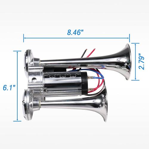 JDMSPEED New 12V 150DB Dual Trumpets Electric Horn Super Loud Air Horn Car Horns Kit With Compressor Replacement For Truck Boat Train Speaker Cars Van Ship Chrome