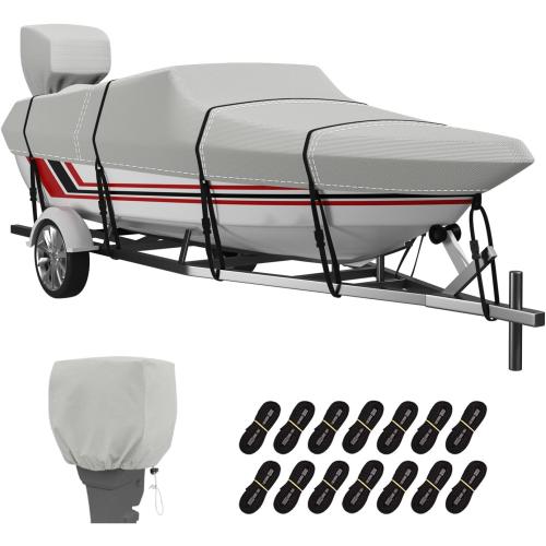 Light Grey Trailerable Boat Cover, 600D Solution-Dyed Bass Boat Cover, Heavy Duty 100% Waterproof Boat Covers Fits V-Hull Runabout Fishing Ski Pro-Style Bass Boats