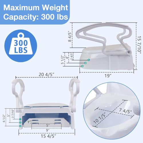 Raised Toilet Seat Risers for Seniors, Elevated Toilet Seat with Handles, 3-Level Height Adjustable, Support up to 300 Lbs