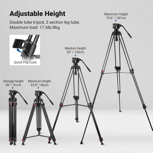 NEEWER 74 Video Tripod with Fluid Head, QR Plate , Aluminum Heavy Duty Camera Tripod Professional for DSLR Cameras Camcorders, Max Load 17.6lb/8kg, TP74