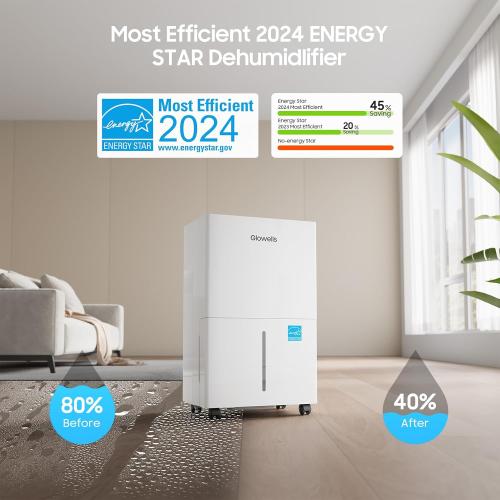 4500 Sq.ft Energy Star Dehumidifier for Home Basement, Glowells 52 Pints Large Room Dehumidifier with Drain Hose & Water Tank 0.58 Gal, Dehumidifiers with Smart Humidity Control, Auto Defrost