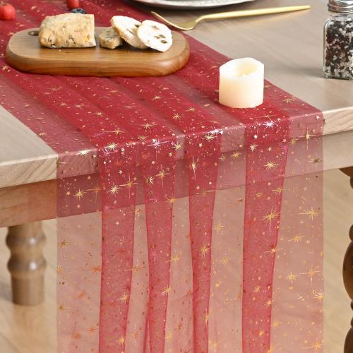 Artoid Mode Gold Stars Red Gauze Table Runner 120 Inch 10FT, Reversible Glitter Sheer Dining Wedding Holiday Birthday Table Decor for Home Party