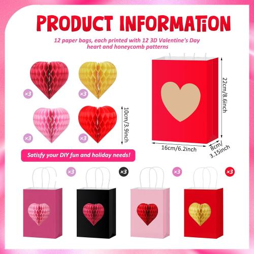 Eaasty 12 Pcs Valentine's Day Gift Bags with 3D Heart Honeycomb Large Galentines Gift Bag with Handle Colorful Kraft Paper Bags Heart Goodie Candy Tote for Valentines Wedding Party Favors Supplies