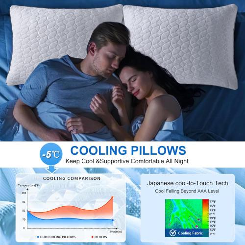 Cooling Pillows Queen Size Set of 2, Shredded Memory Foam Pillows, Adjustable Firm Bed Pillows Cool Cold Pillow for Hot Side Back Stomach Sleepers with Removable Washable Cover, 20 x 30, White