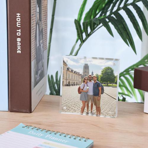 Fixwal 4x4 Acrylic Picture Frame, 3 Pack Thick Clear Double-Sided Magnetic Frames, Frameless Photo Frames for Desktop Tabletop Display
