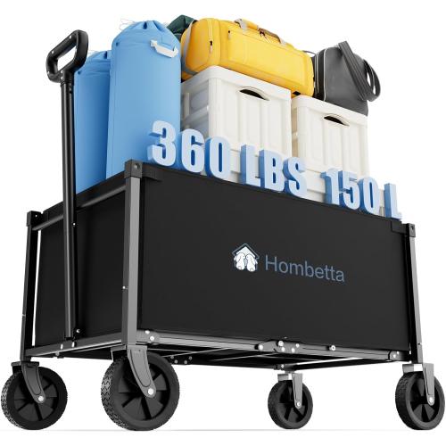 Color Black Collapsible Wagon, Heavy Duty Wagons Carts Foldable with Wheels, 150L Utility Wagon with 360LBS Capacity Wagon Cart with Wheels Foldable for Shopping, Groceries, Camping, Sports, Beach, Black