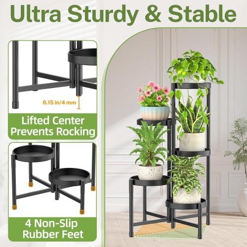 iDavosic.ly Plant Stand Indoor Outdoor, 5 Tier Corner Metal Flower Display Holder Shelf, Easy Assembly Folding Tall Orchid Rack for Patio Balcony Porch Garden Living Room House, Black