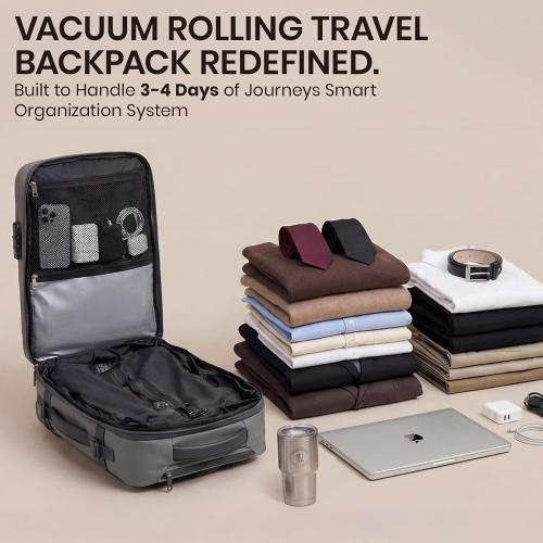 Fanwoli Rolling Vacuum Backpack Travel with One-Button Compression, Expandable Carry-On Suitcase Luggage, Approved TSA Lock & Water-Proof Laptop Compartment for Outdoor/Family/Business Trips